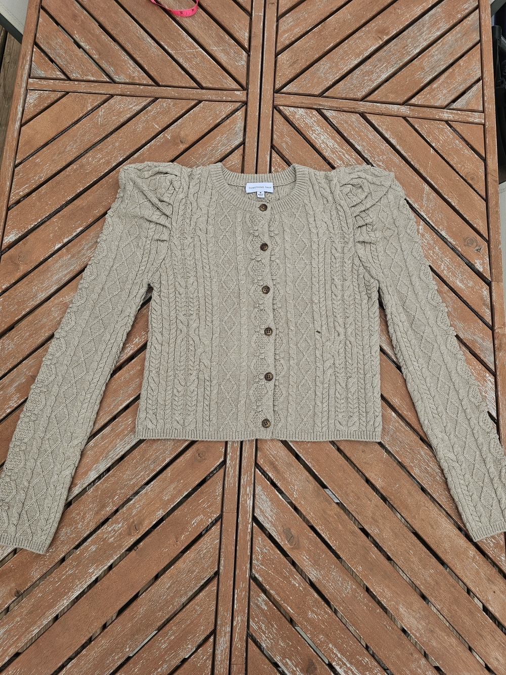Something Navy Cream Cable Knit Puff Shoulder Cardigan